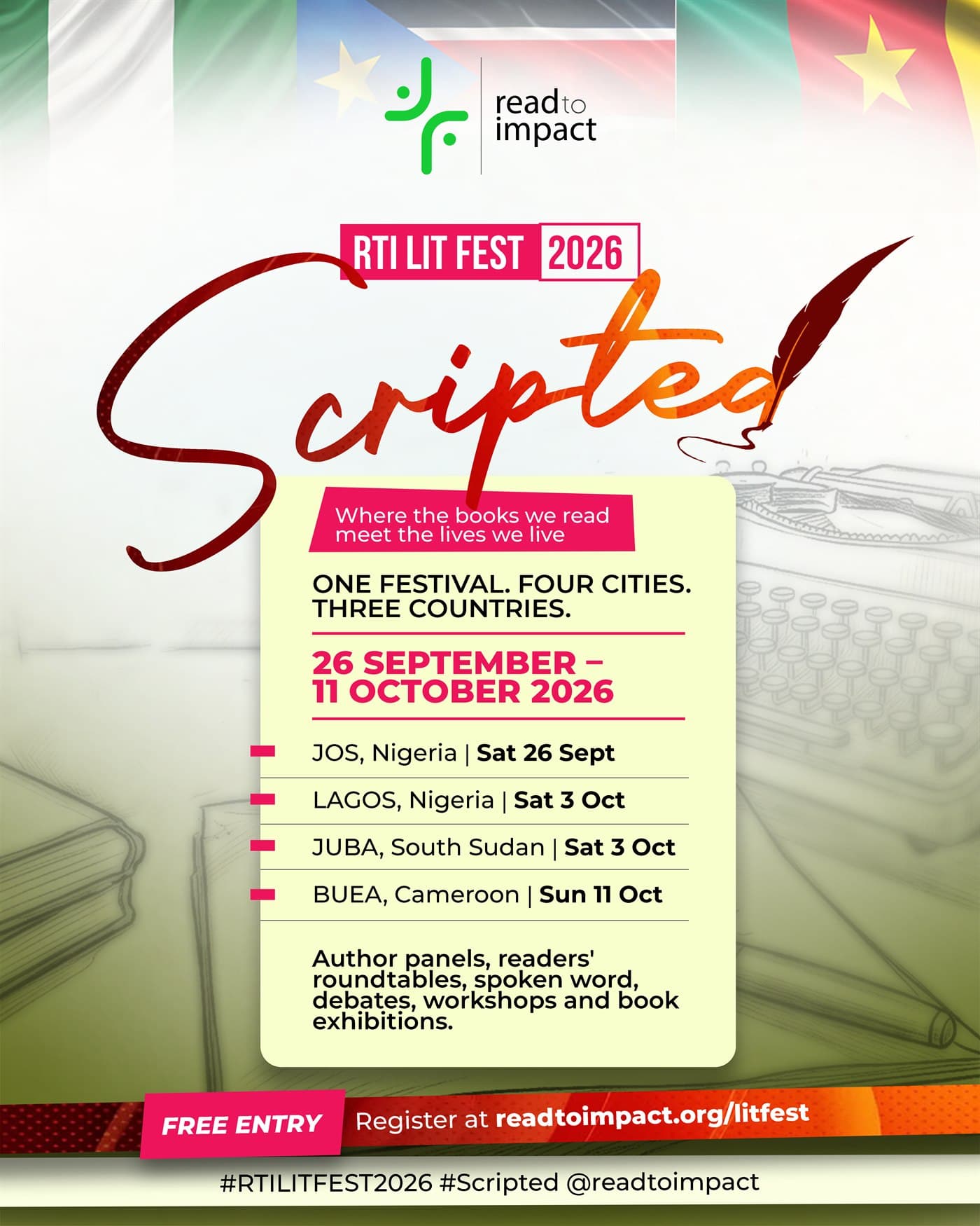 RTI Lit Fest 2026 Scripted festival flier: four cities, three countries, 26 September to 11 October 2026